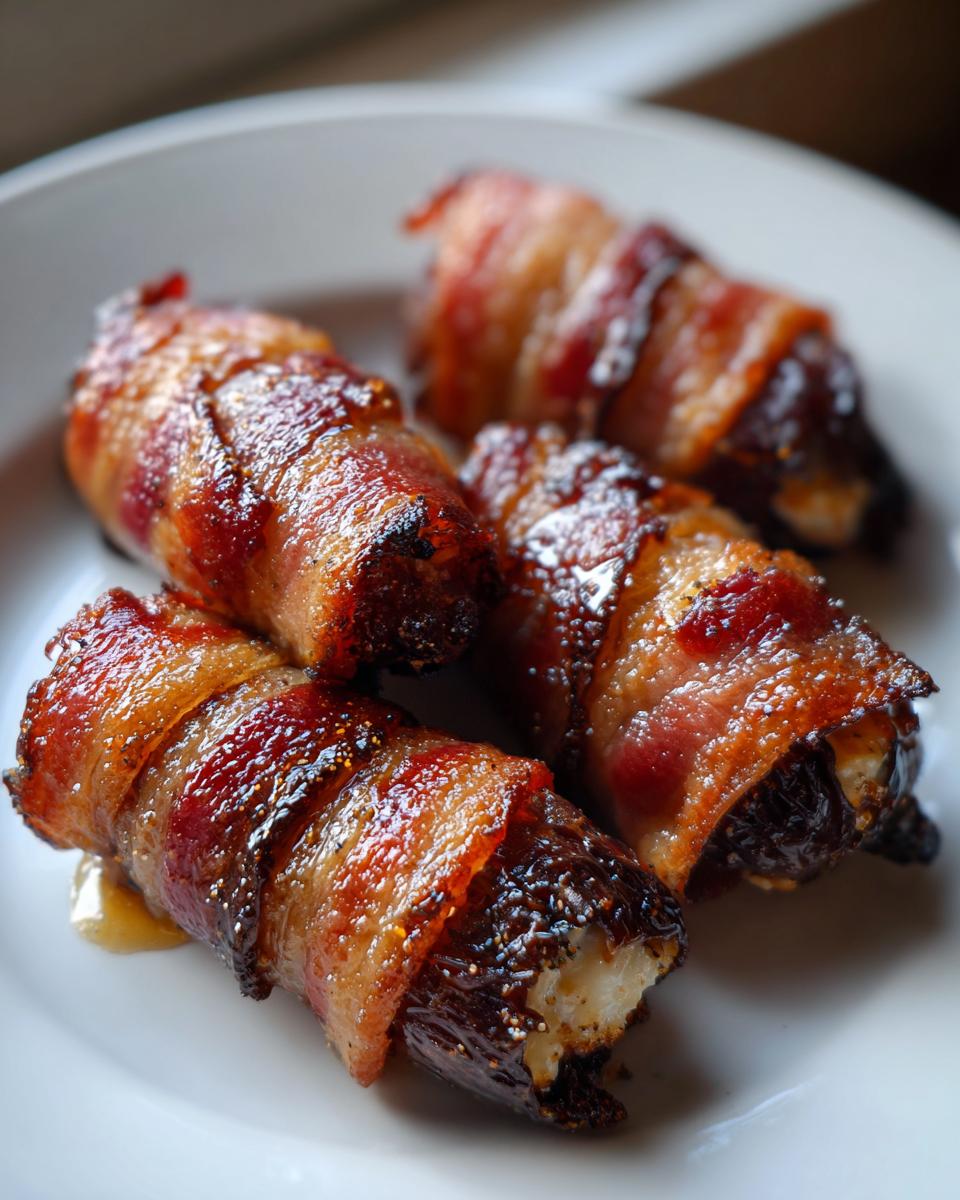 Four crispy, bacon-wrapped stuffed dates glistening on a white plate, showing the creamy filling.