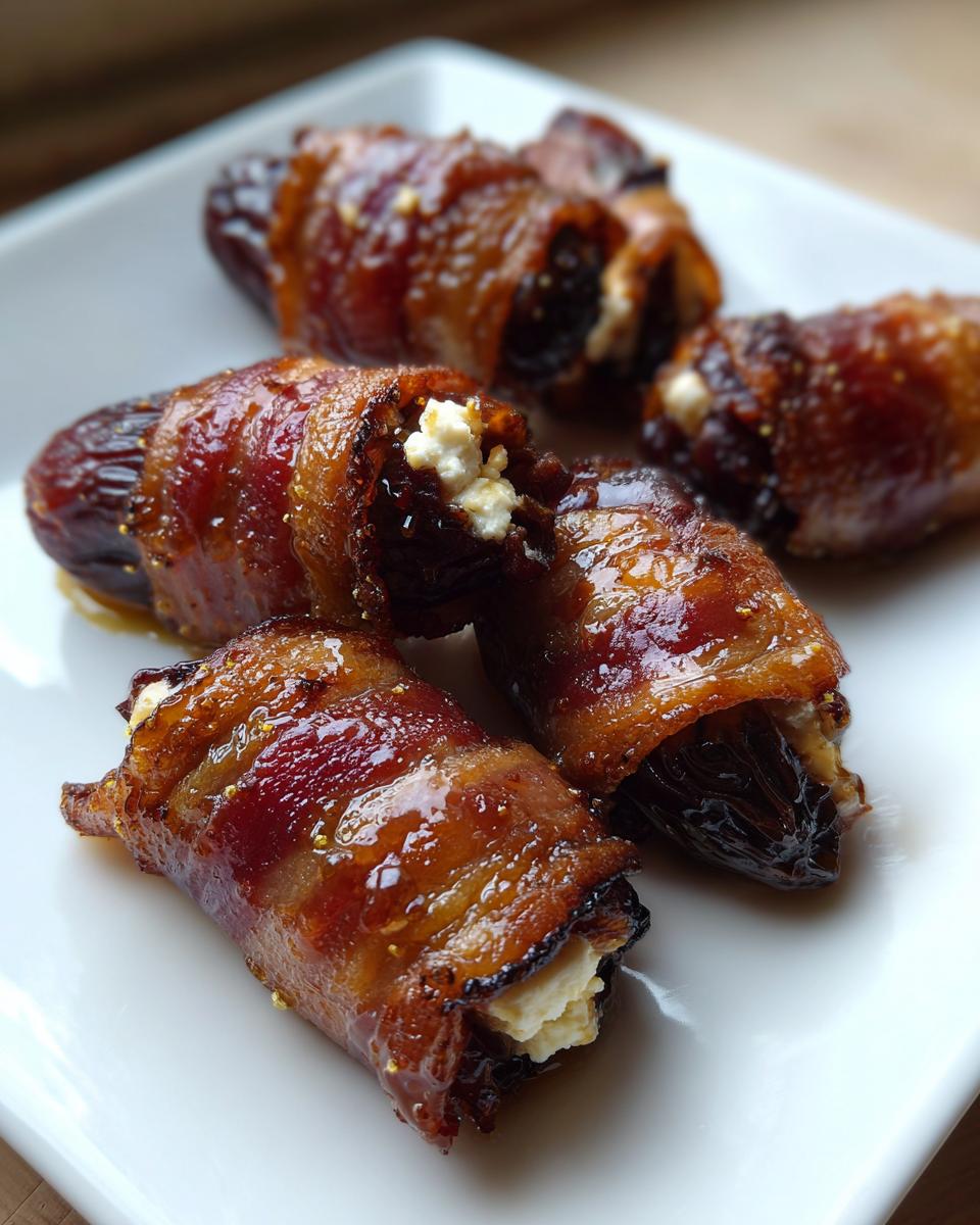 Close-up of four bacon wrapped stuffed dates, showing the creamy cheese filling inside the caramelized bacon.