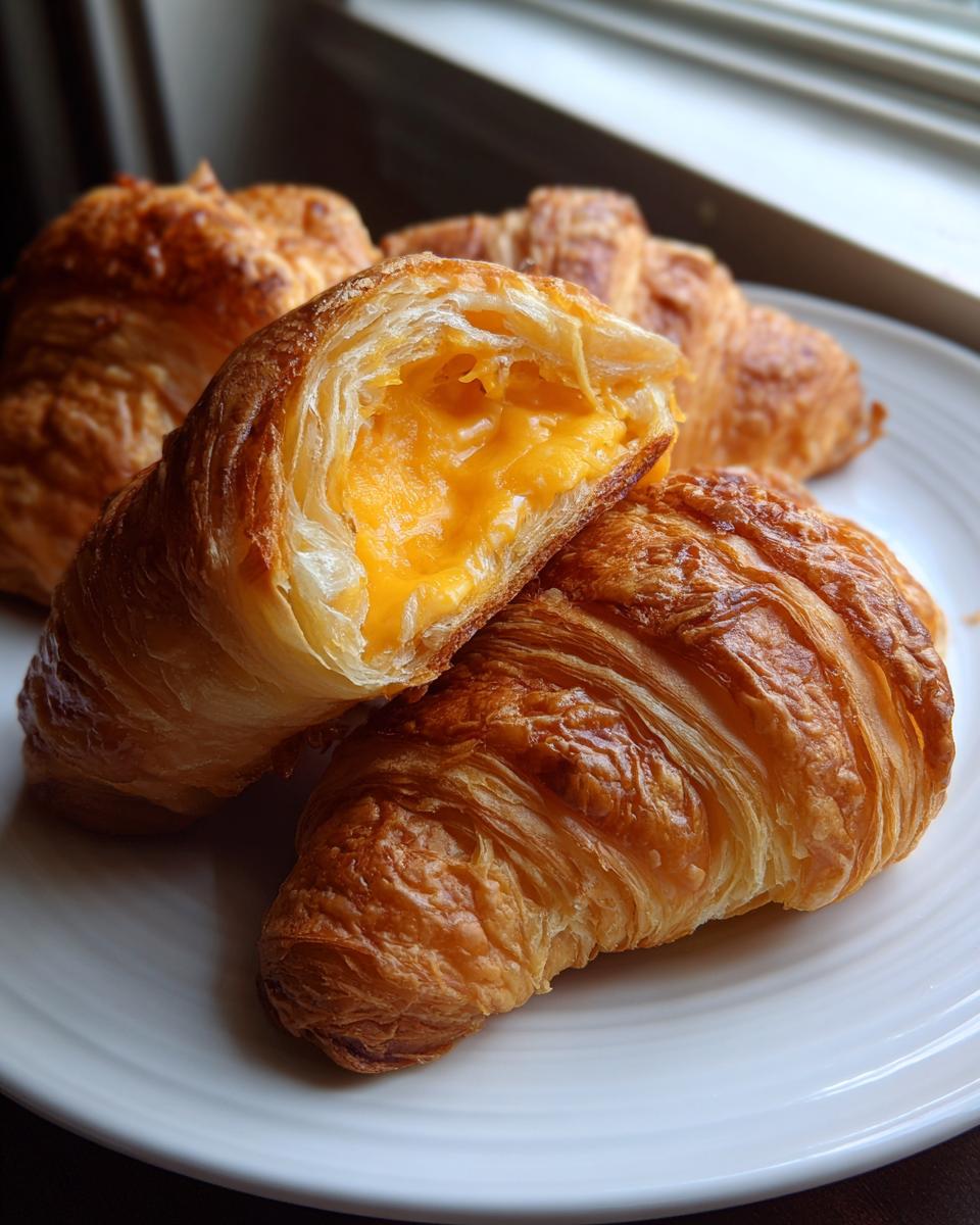 Close-up of flaky baked ham and cheese croissants, one cut open revealing gooey melted cheddar cheese filling.