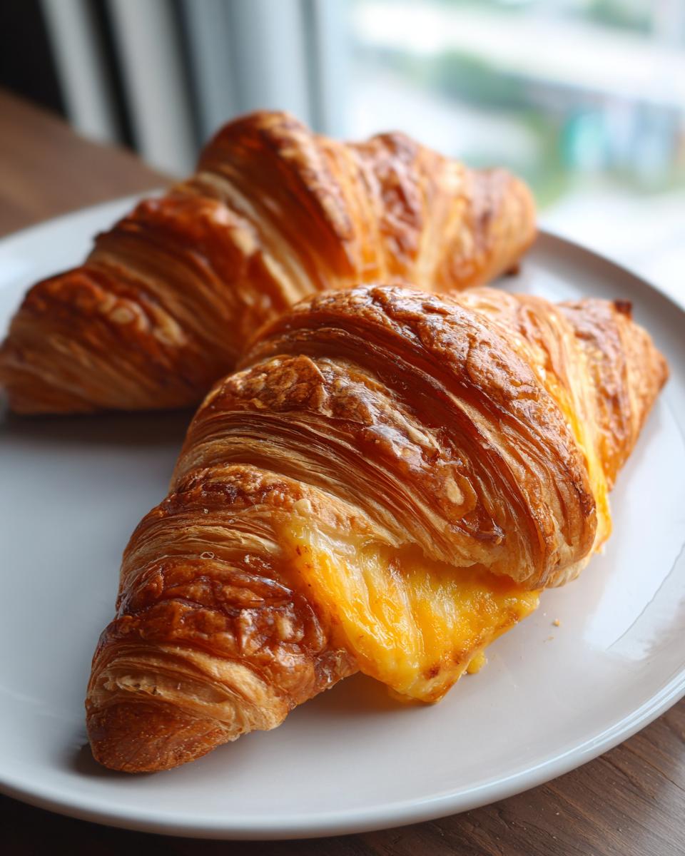 Close-up of two golden brown baked ham and cheese croissants, with melted cheese oozing out of one.