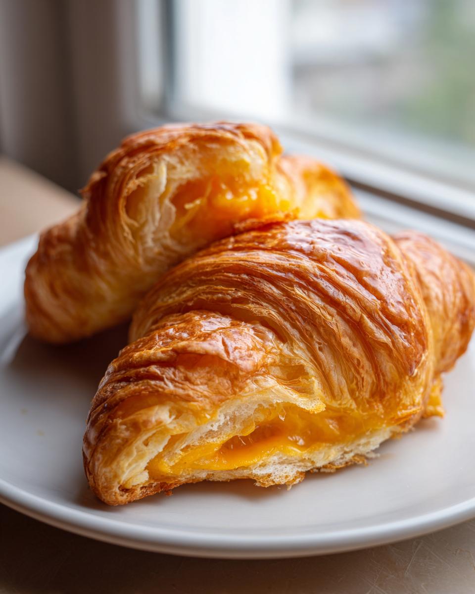 Close-up of two golden brown baked ham and cheese croissants, one cut open showing melted orange cheese filling.