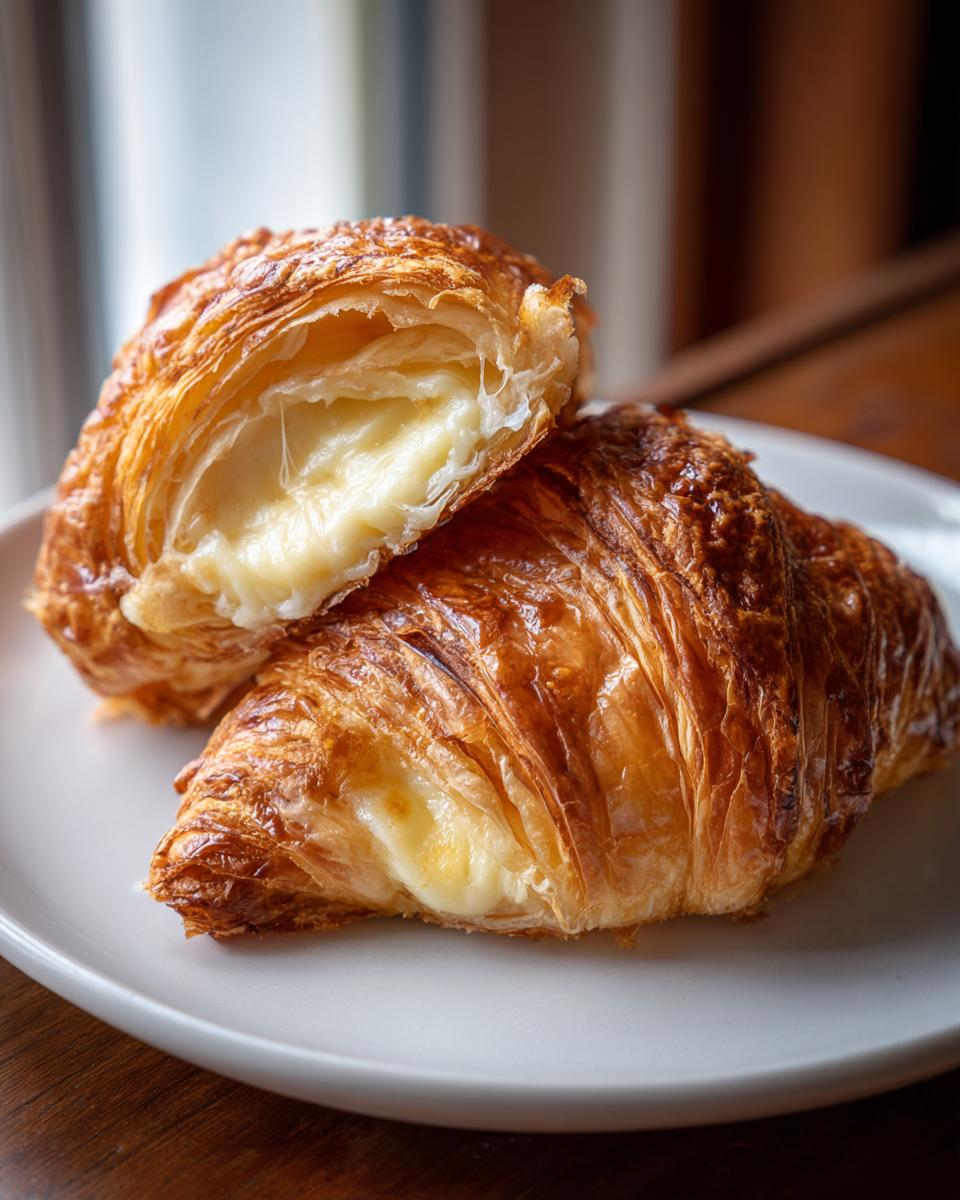 Two golden brown baked ham and cheese croissants on a white plate, one cut open showing gooey melted cheese filling.