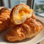 Close-up of flaky baked ham and cheese croissants, one cut open revealing gooey melted cheese filling.