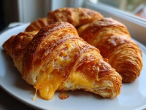 Close-up of a flaky baked ham and cheese croissant with melted cheddar cheese oozing out.