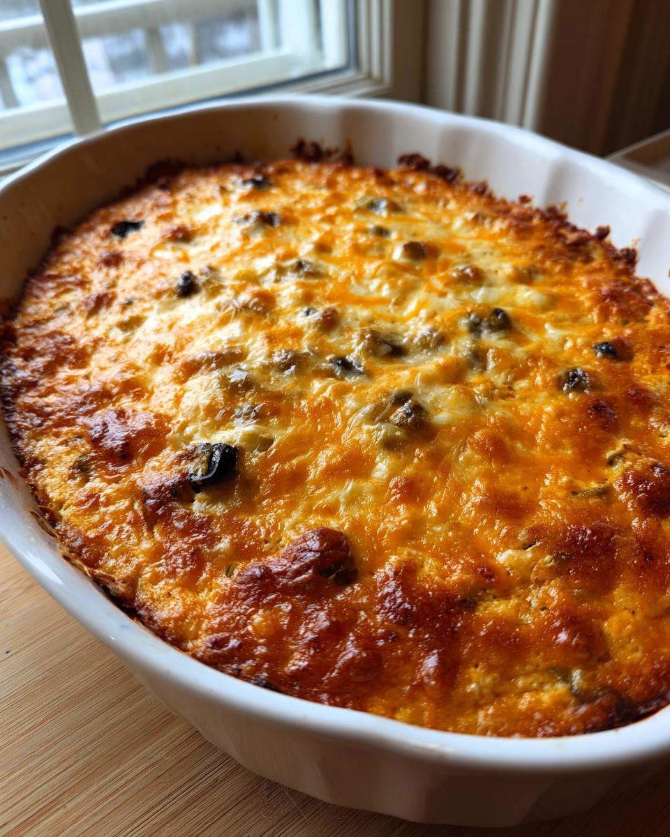 Close-up of a bubbling, baked texas trash dip topped with melted, browned cheddar cheese in a white oval dish.