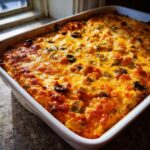 Close-up of a bubbly, baked texas trash dip topped with melted orange cheese, green peppers, and black olives in a white baking dish.