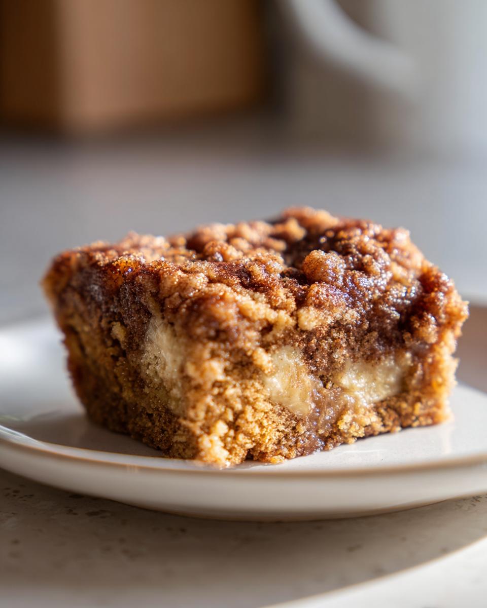 A close-up of a square slice of banana bread cobbler with a thick, crumbly cinnamon topping and a visible cream cheese swirl.