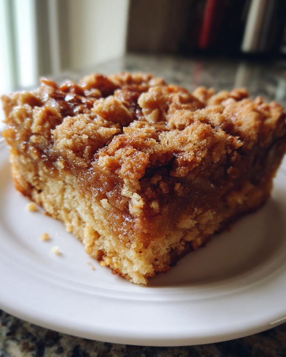 Close-up of a square slice of moist banana bread cobbler with a thick, sugary brown crumb topping served on a white plate.