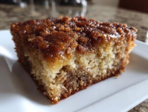Close-up of a moist slice of banana bread cobbler featuring a rich, glossy brown sugar topping.