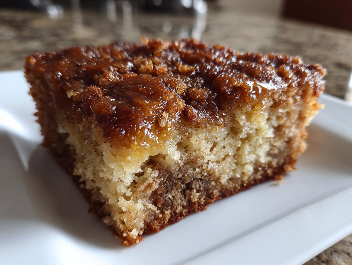 Close-up of a moist slice of banana bread cobbler featuring a rich, glossy brown sugar topping.