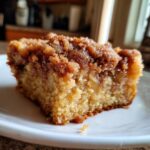 Close-up of a moist slice of banana bread cobbler featuring a rich, crumbly cinnamon streusel topping.