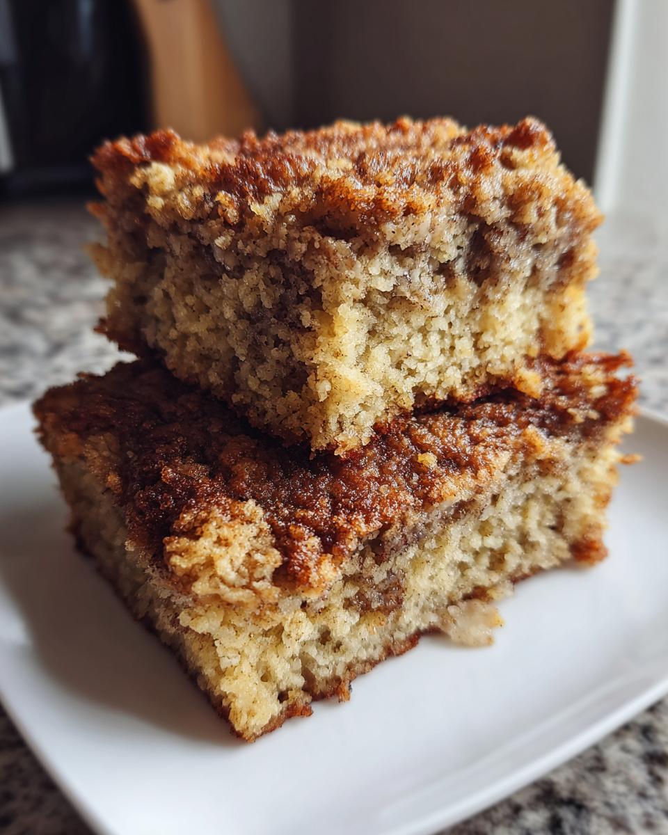 Two stacked squares of moist banana bread cobbler featuring a rich, dark cinnamon-sugar topping.