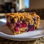 Close-up of a square slice of moist vegan baked oatmeal studded with bright red raspberries and dark blueberries.