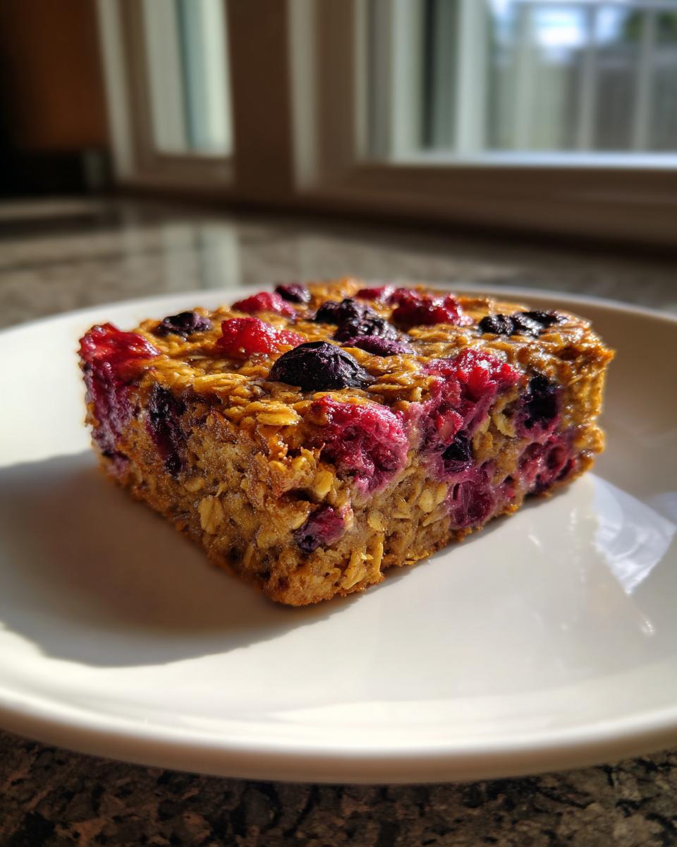 A square slice of berry vegan baked oatmeal topped with raspberries and blueberries, sitting on a white plate.