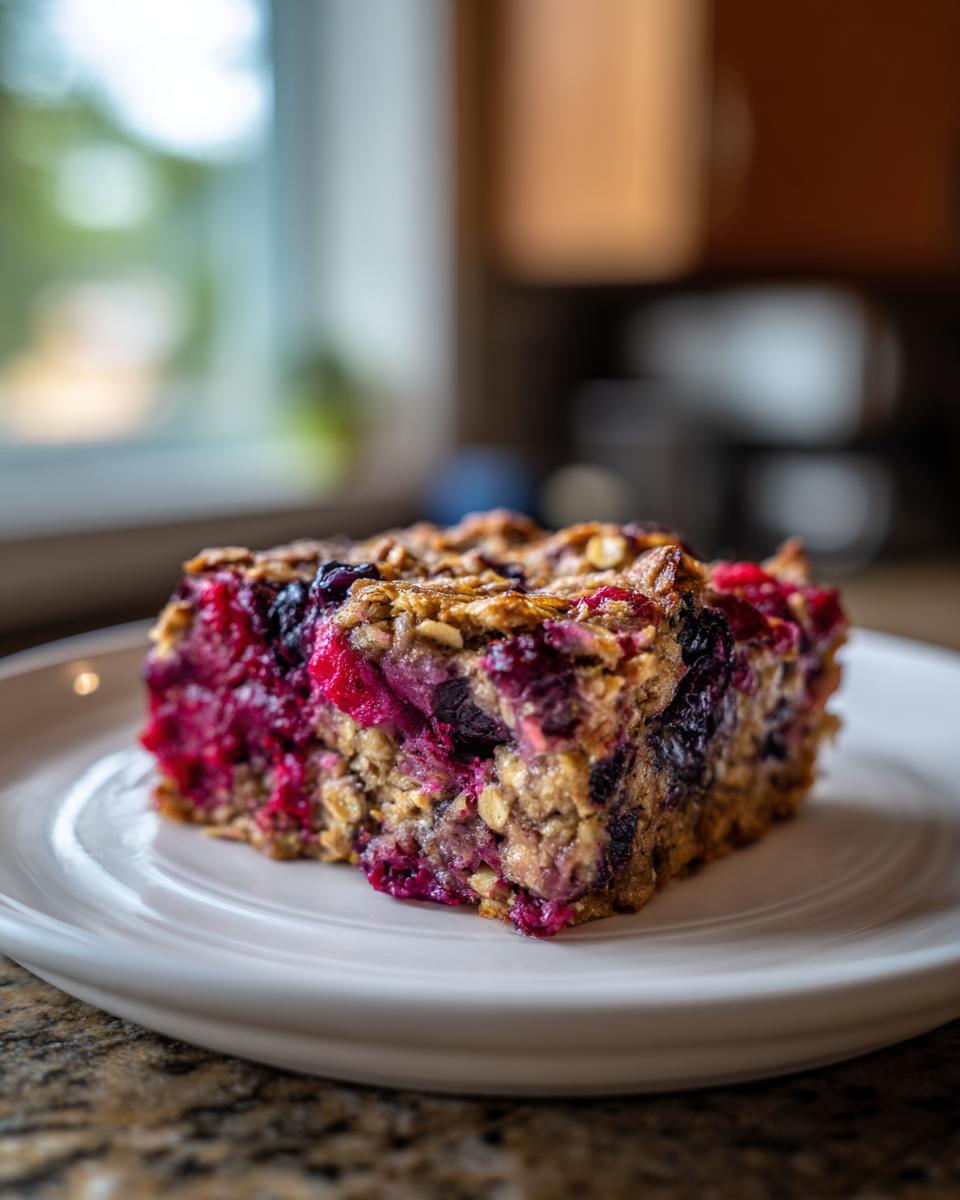 Close-up of a square slice of berry vegan baked oatmeal with visible oats and bright red/purple fruit on a white plate.