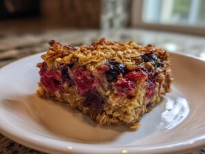 Close-up of a square slice of berry vegan baked oatmeal with a golden oat topping, served on a white plate.