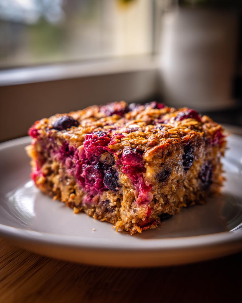 Close-up of a square slice of berry vegan baked oatmeal with visible oats and bright red/purple berries.