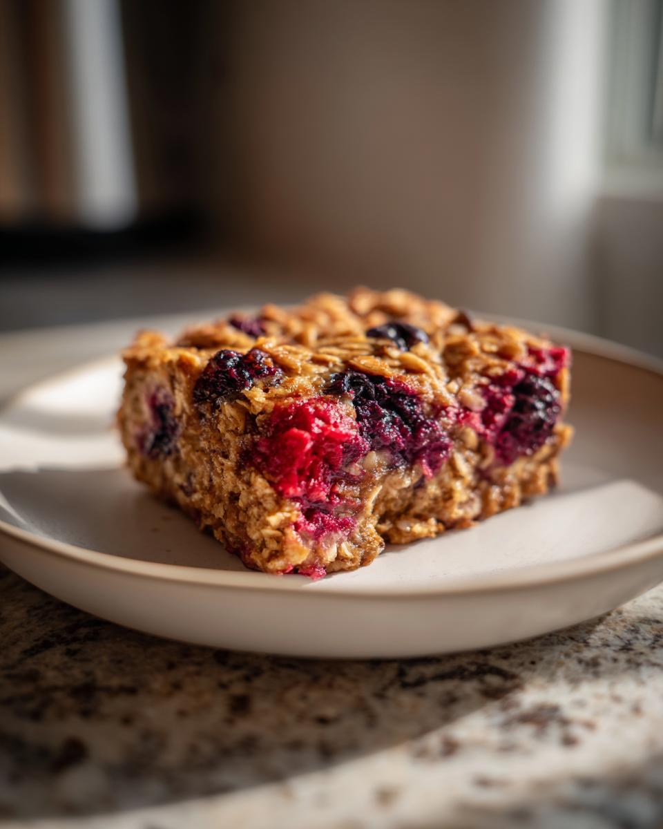 A square slice of moist vegan baked oatmeal studded with bright red and dark purple berries on a light plate.