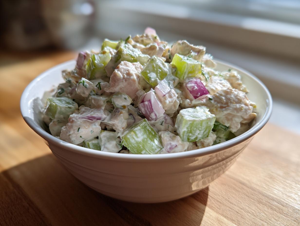 A close-up of creamy, chunky chicken salad featuring diced chicken, celery, and red onion in a white bowl.