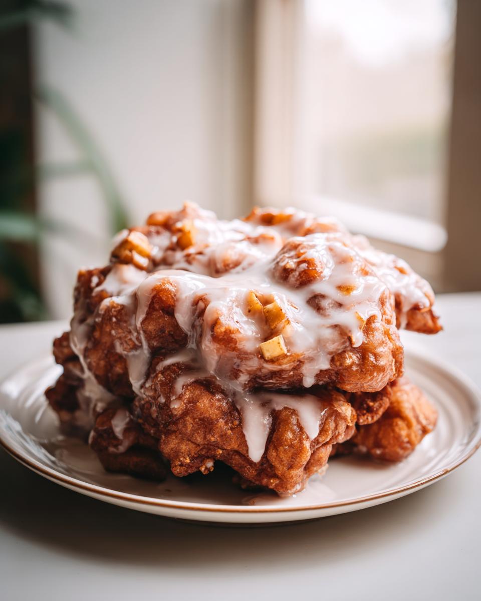 A tall stack of golden brown, glazed big apple fritters piled high on a white plate.