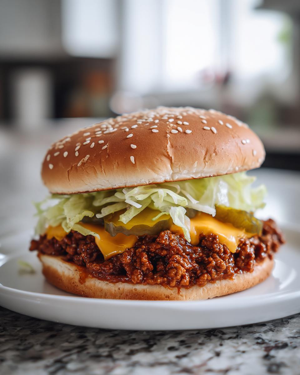 A close-up of an assembled big mac sloppy joes sandwich featuring a sesame seed bun, sloppy joe meat, melted cheese, pickles, and shredded lettuce.