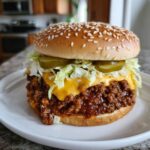 A towering big mac sloppy joes sandwich featuring saucy meat, melted cheese, shredded lettuce, and pickles on a sesame seed bun.