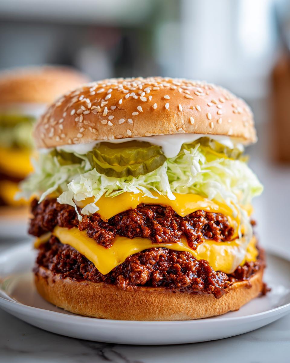 A towering, delicious big mac sloppy joes sandwich featuring double meat, melted cheese, shredded lettuce, pickles, and sauce on a sesame seed bun.