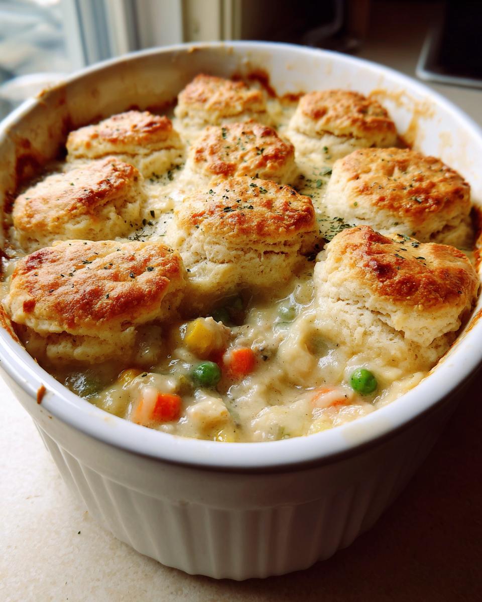 Close-up of a baked chicken pot pie casserole topped with golden biscuits and mixed vegetables in a white baking dish.
