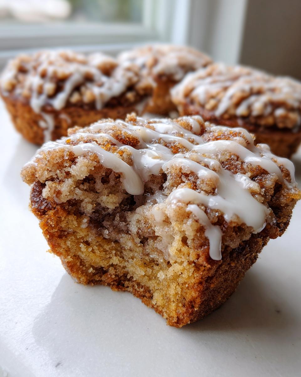 Close-up of a coffee cake cookies with a bite taken out, showing the crumb texture and cinnamon swirl, drizzled with white icing.