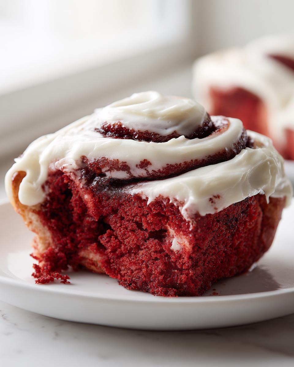 A close-up of a soft, bright red velvet cinnamon roll with a bite taken out, topped generously with white cream cheese frosting.