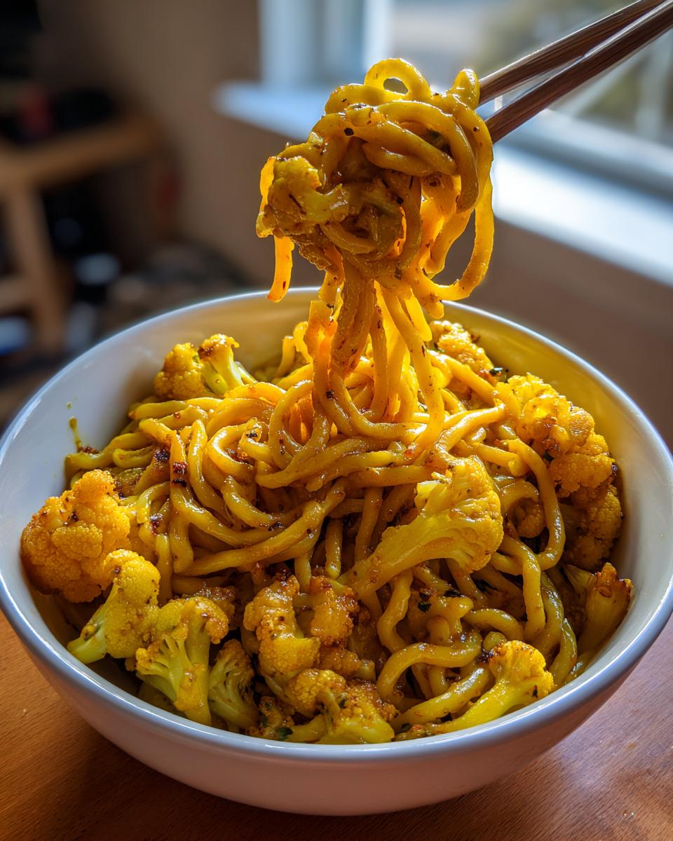 Chopsticks lifting a large tangle of bright yellow black pepper turmeric cauliflower and garlic noodles from a white bowl.