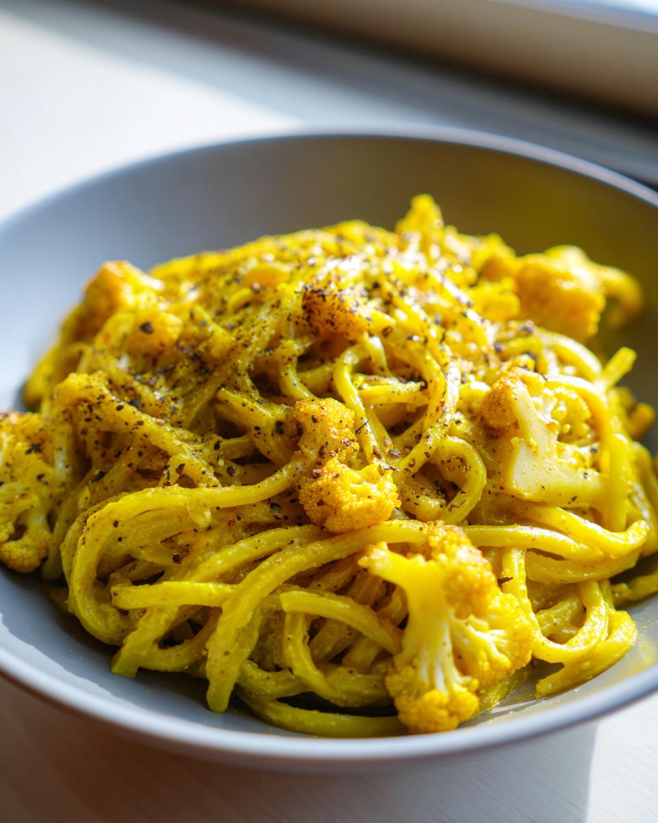 Close-up of bright yellow black pepper turmeric cauliflower and garlic noodles topped with cracked black pepper.