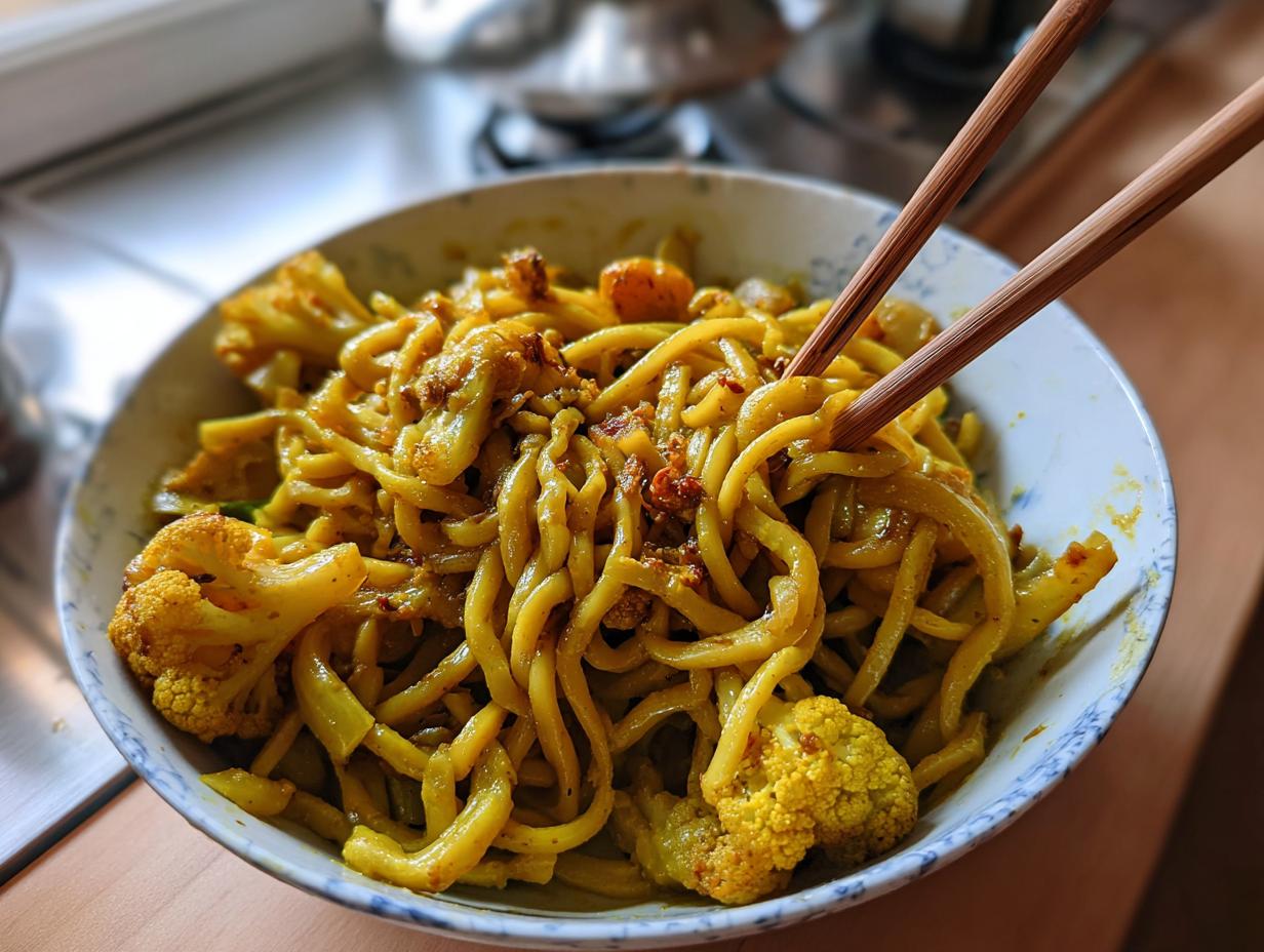 A close-up of a bowl filled with vibrant yellow black pepper turmeric cauliflower and garlic noodles, held by wooden chopsticks.