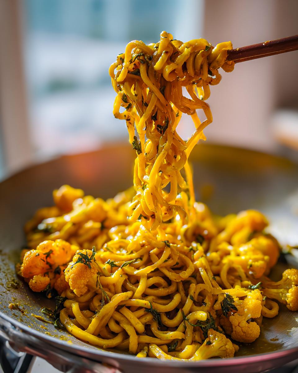 Close-up of bright yellow black pepper turmeric cauliflower and garlic noodles being lifted from a pan with chopsticks.