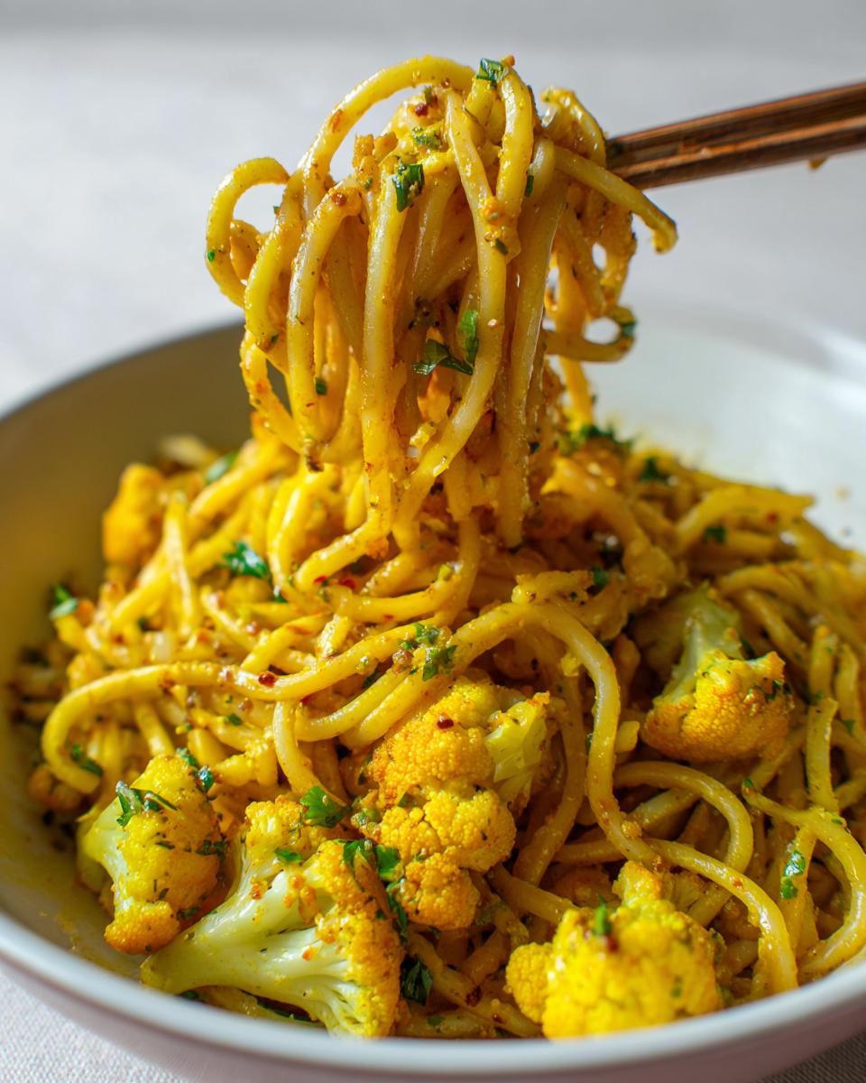 Close-up of chopsticks lifting a swirl of bright yellow black pepper turmeric cauliflower and garlic noodles from a white bowl.