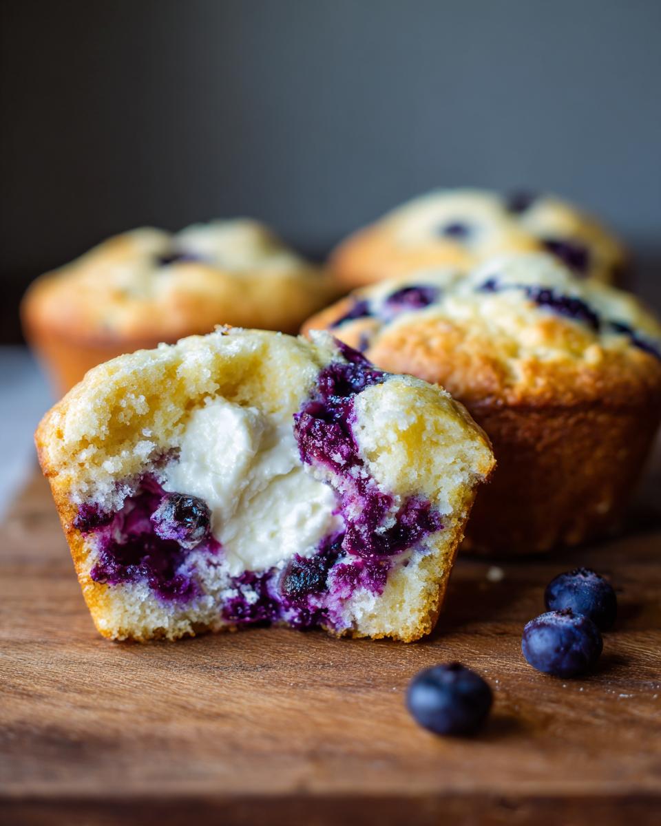 Close-up of a blueberry cream cheese muffin cut in half showing the creamy center and burst blueberries.