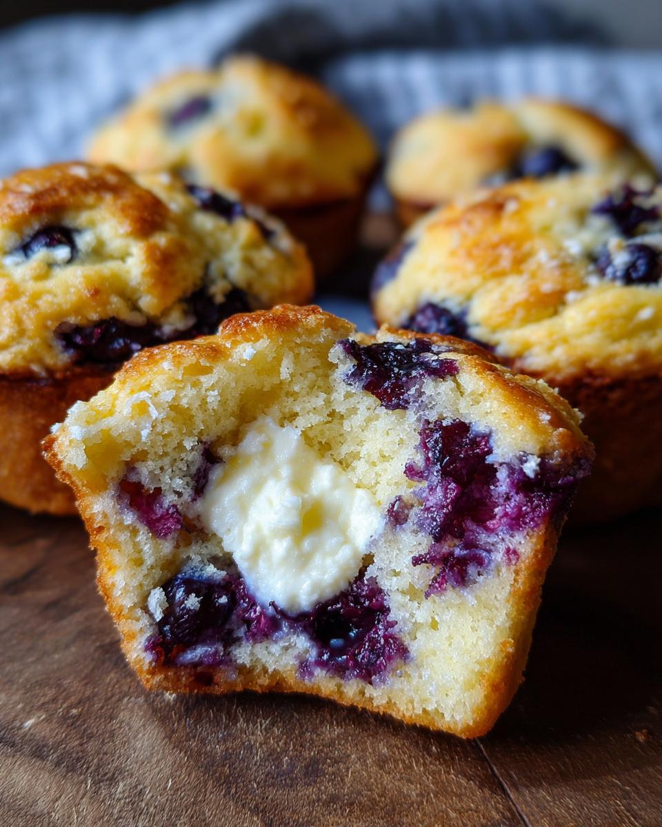 A close-up of a blueberry cream cheese muffin cut in half, showing the creamy center and juicy blueberries.