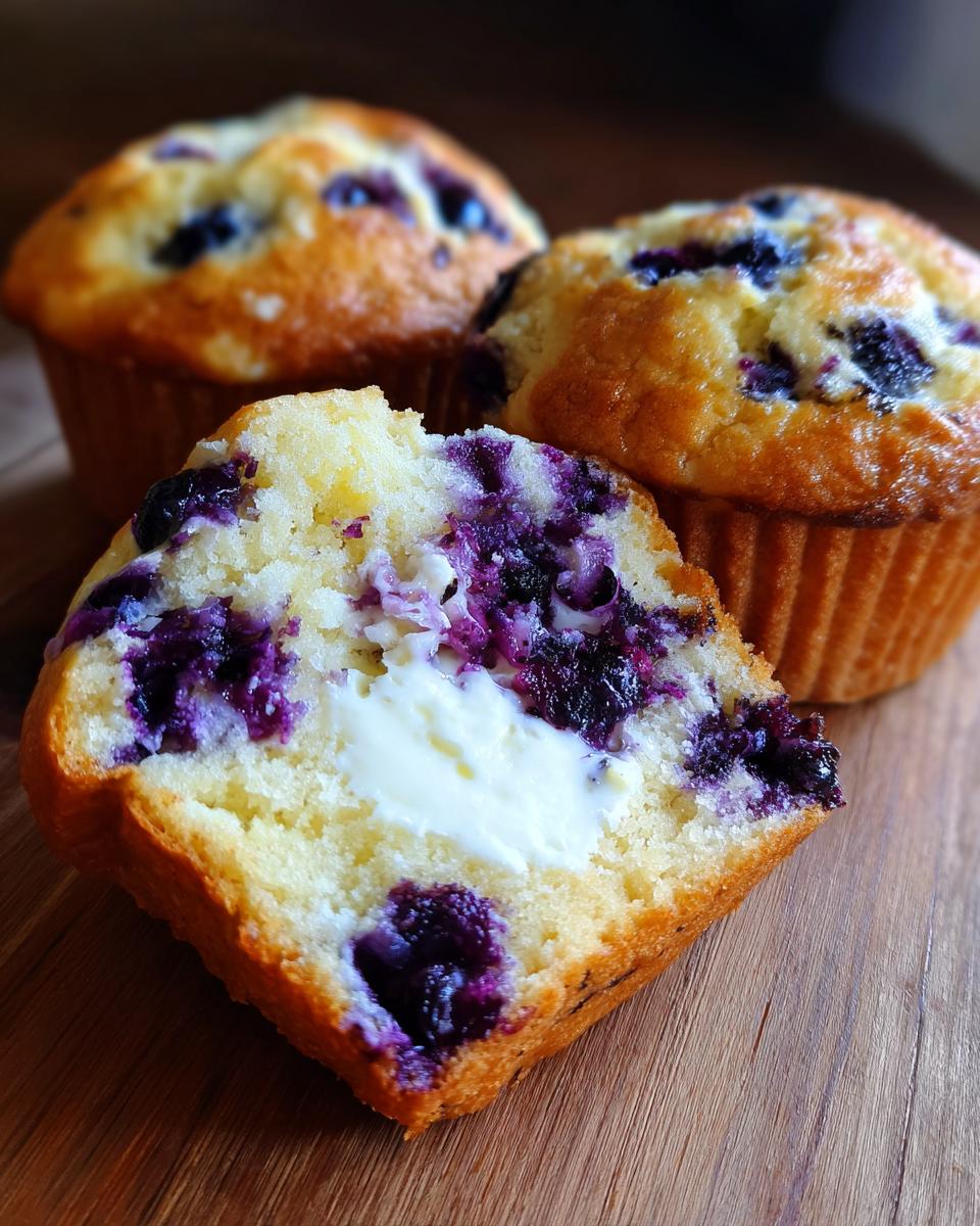 Close-up of a blueberry cream cheese muffin cut in half showing the creamy center and blueberries.