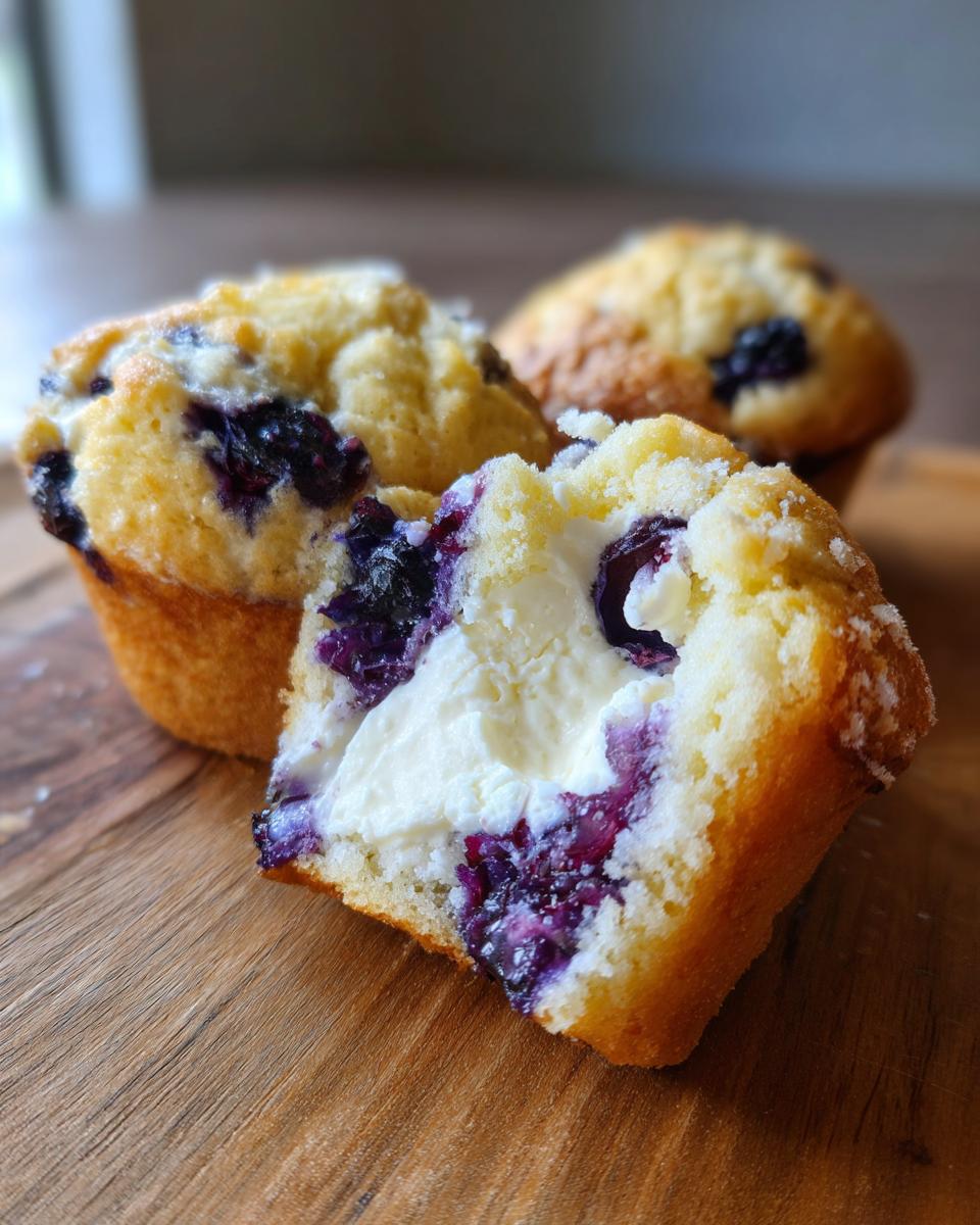 Close-up of a blueberry cream cheese muffin cut in half showing the creamy white center and burst blueberries.