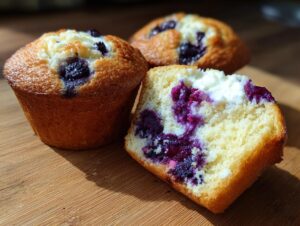 A whole and a halved blueberry cream cheese muffin showing the creamy center and burst blueberries.