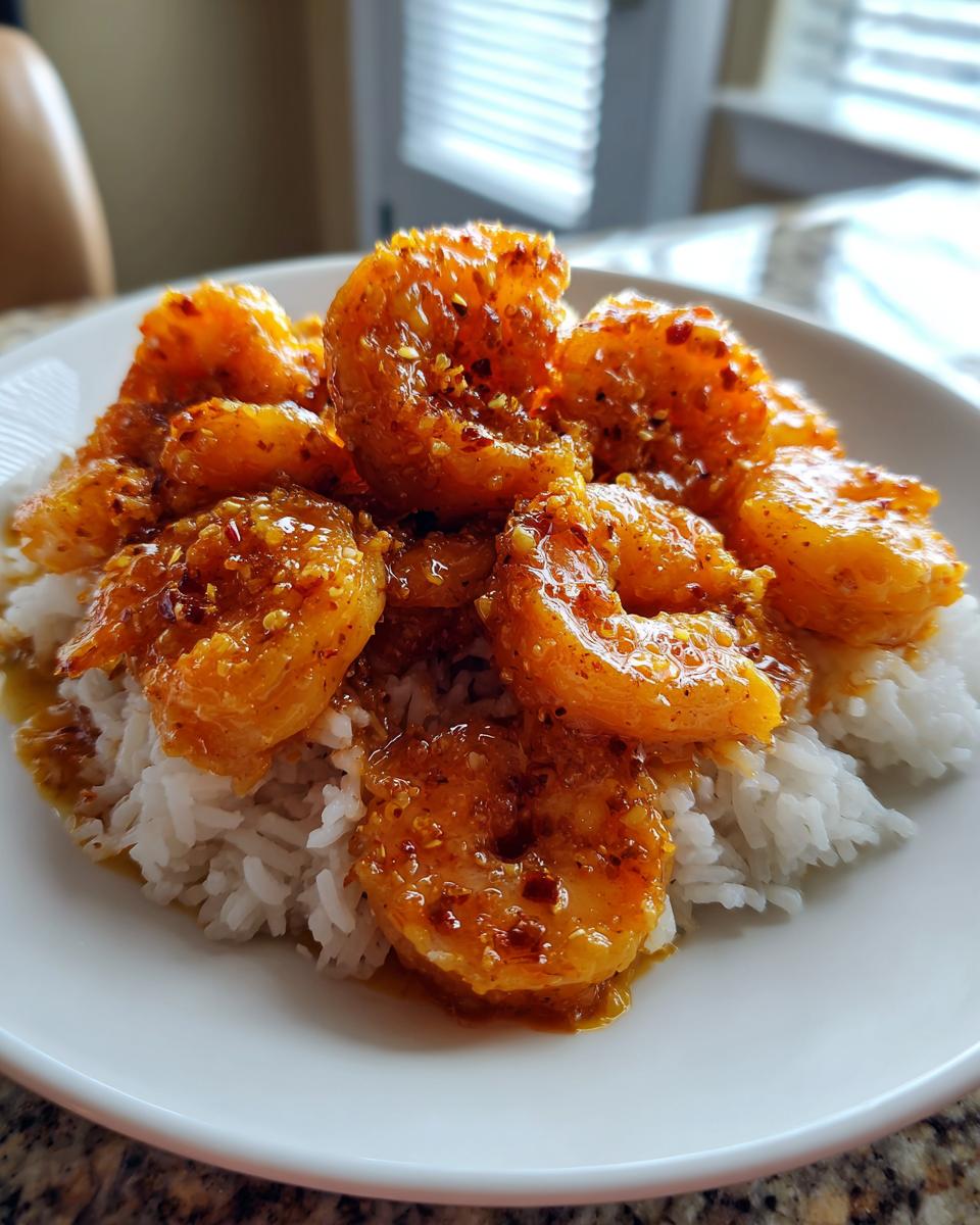 Close-up of saucy, vibrant cajun shrimp piled high over a bed of fluffy white rice on a white plate.