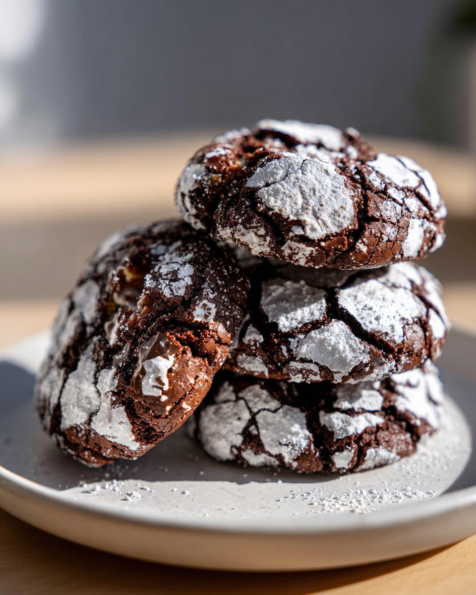 A stack of four rich, dark brown butter toffee chocolate crinkle cookies dusted heavily with powdered sugar.