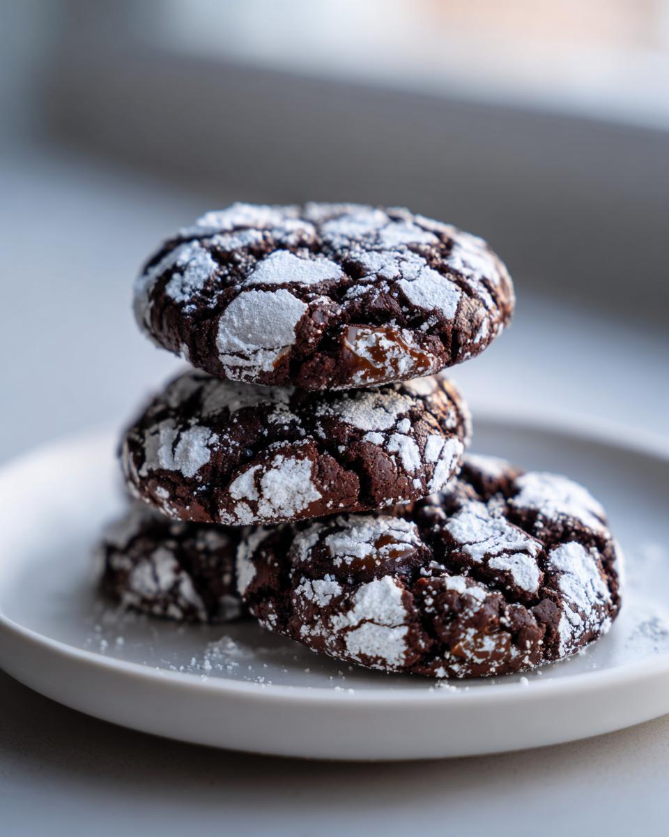 A stack of four rich, dark brown butter toffee chocolate crinkle cookies dusted heavily with powdered sugar.