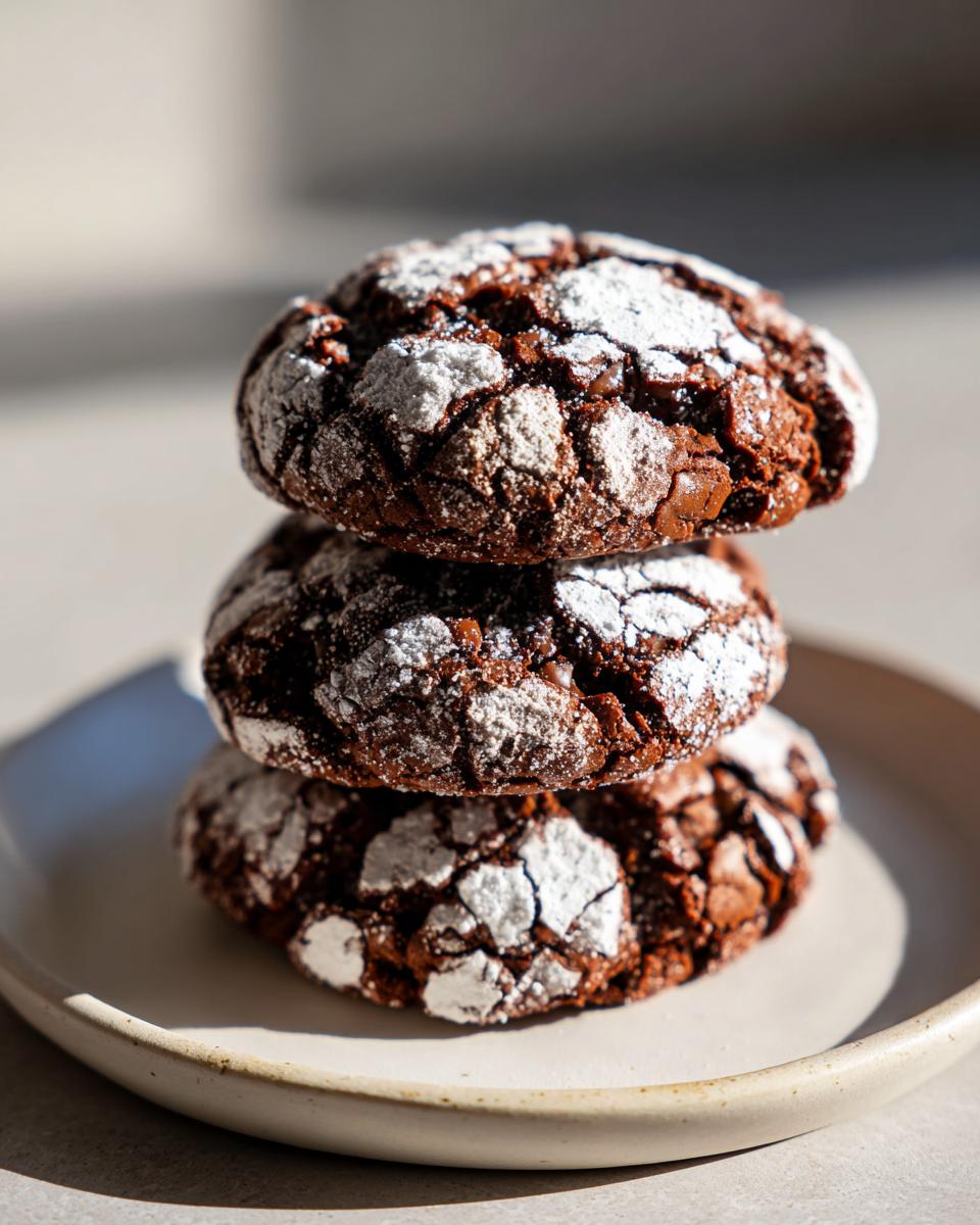 A stack of three rich, dark brown butter toffee chocolate crinkle cookies dusted heavily with powdered sugar.