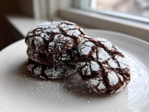 A stack of three rich, dark brown butter toffee chocolate crinkle cookies dusted heavily with powdered sugar on a white plate.