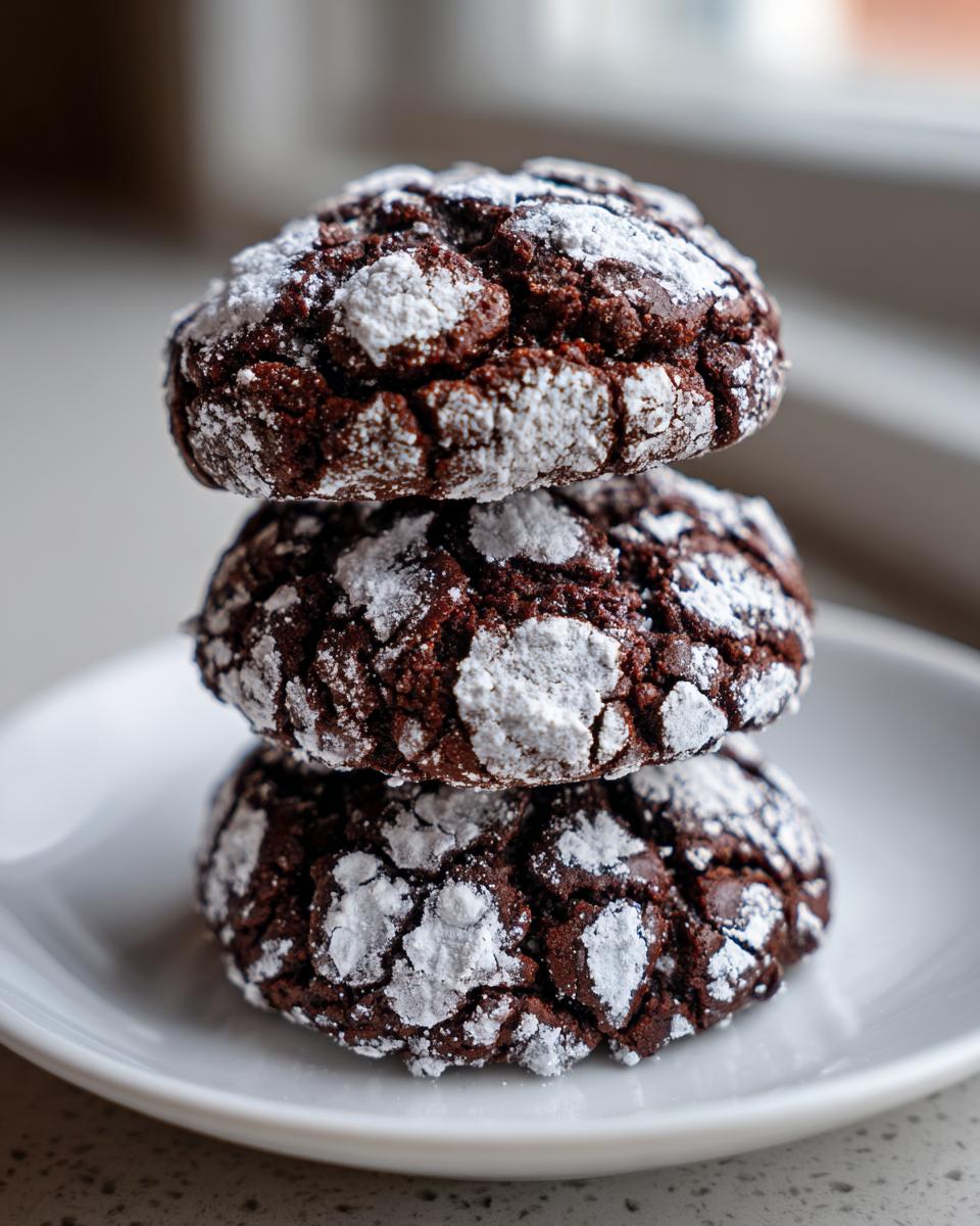 Three rich, dark brown butter toffee chocolate crinkle cookies stacked on a white plate, heavily dusted with powdered sugar.