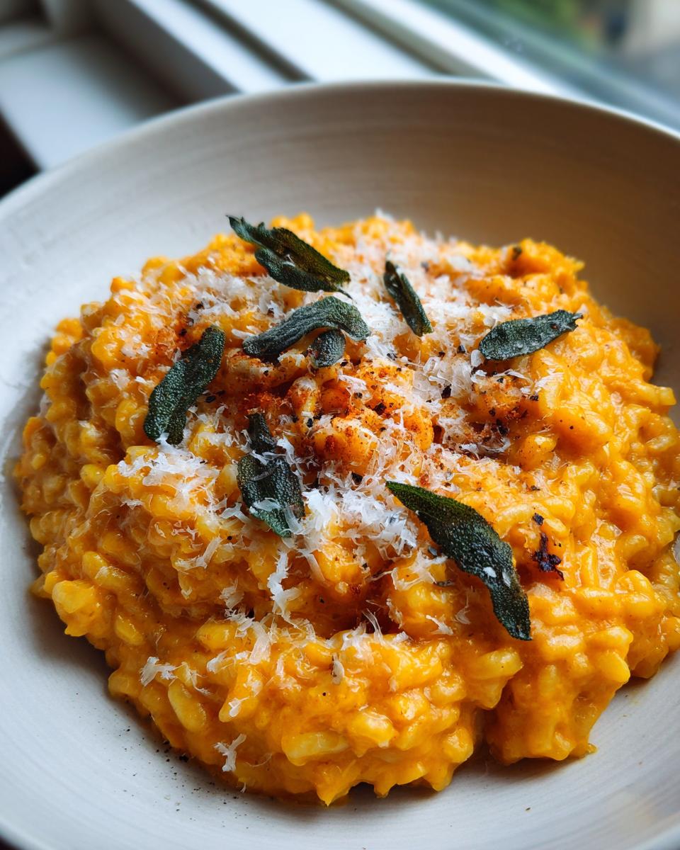 Close-up of creamy butternut squash risotto topped with grated Parmesan cheese and crispy sage leaves.