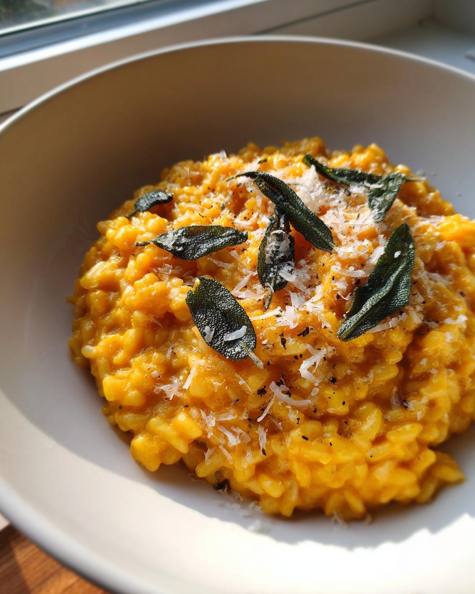 Close-up of creamy, bright orange butternut squash risotto topped with fried sage leaves and grated Parmesan cheese.