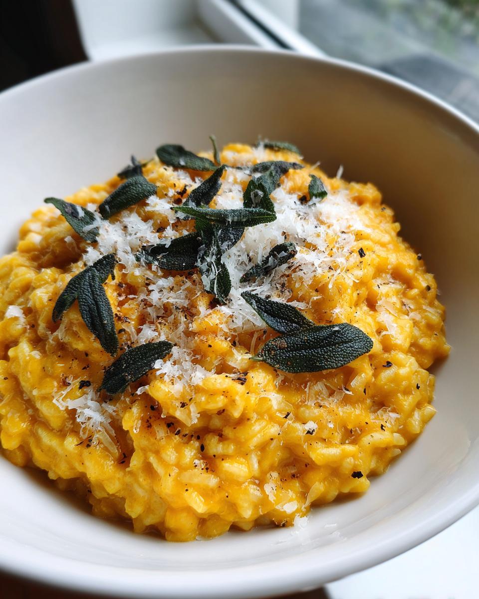 Close-up of creamy butternut squash risotto topped with grated Parmesan cheese and crispy fried sage leaves.