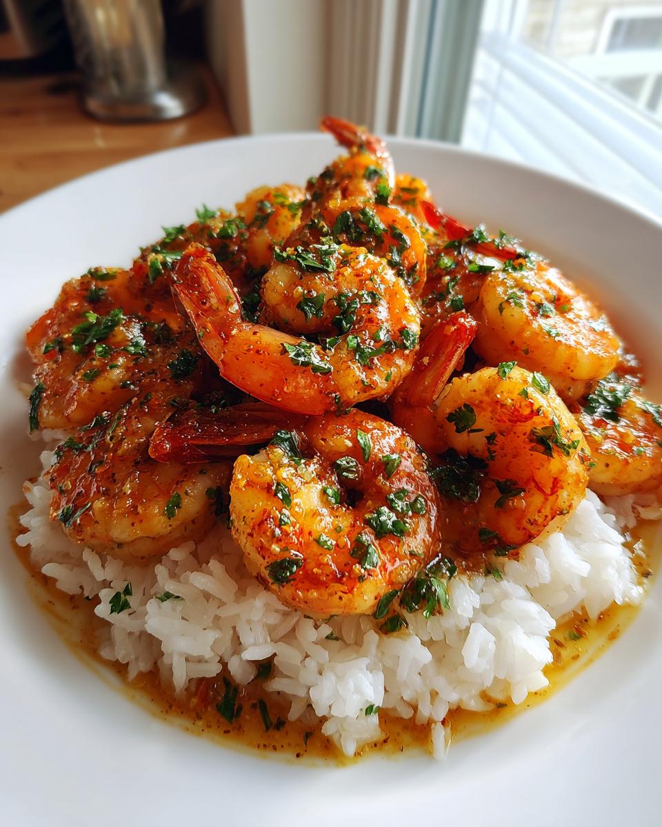 Plump, seasoned cajun shrimp covered in sauce and parsley served over a bed of fluffy white rice.